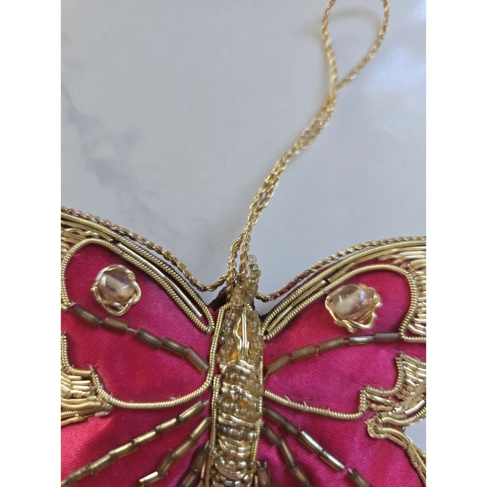 Vtg Butterfly Christmas Ornaments Decorative Pink‎ Gold Thread Beaded Set Of 2